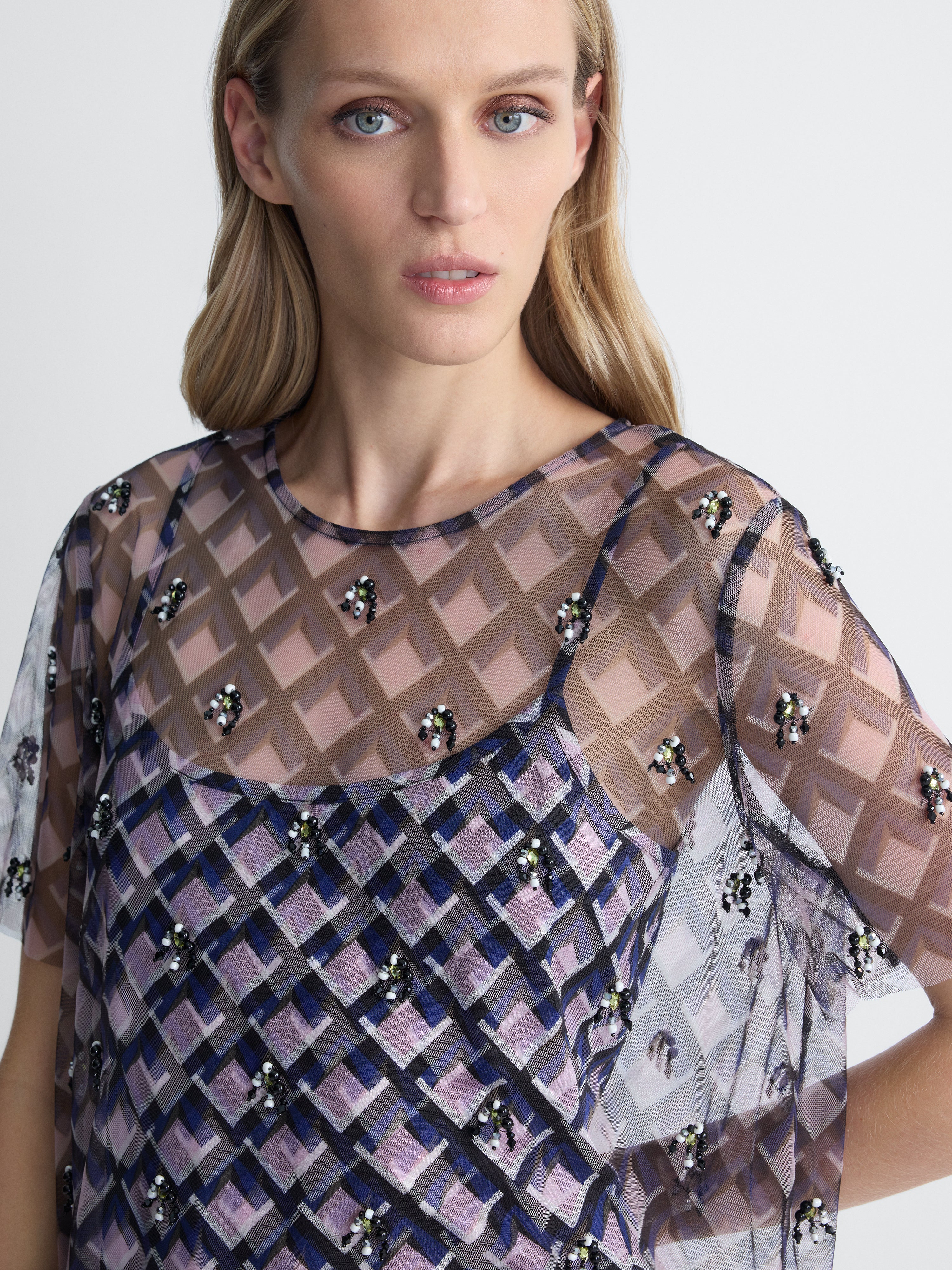 Florine Tulle Shirt in Window Pane, close-up