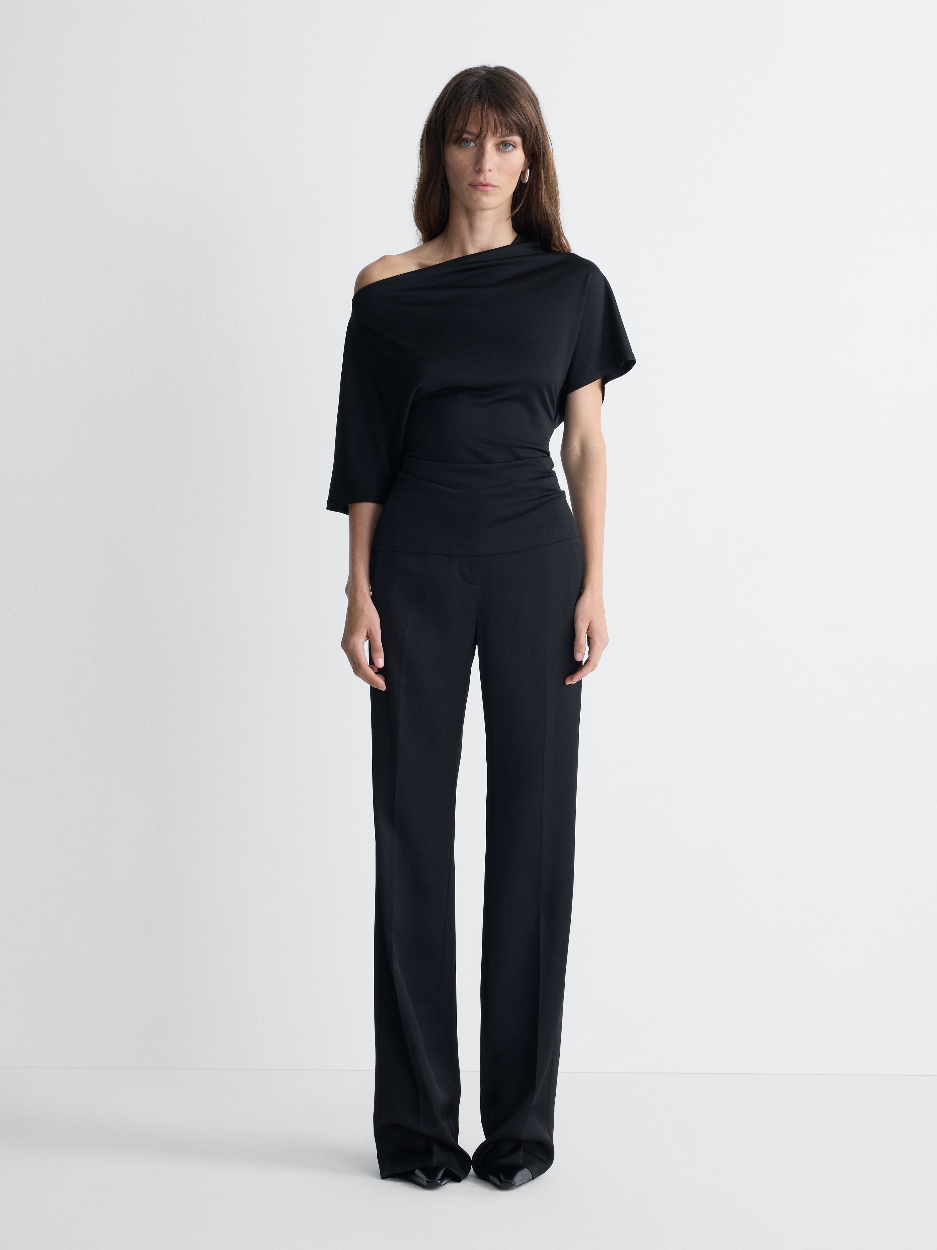 Justine Jersey Top in Black, full length front view