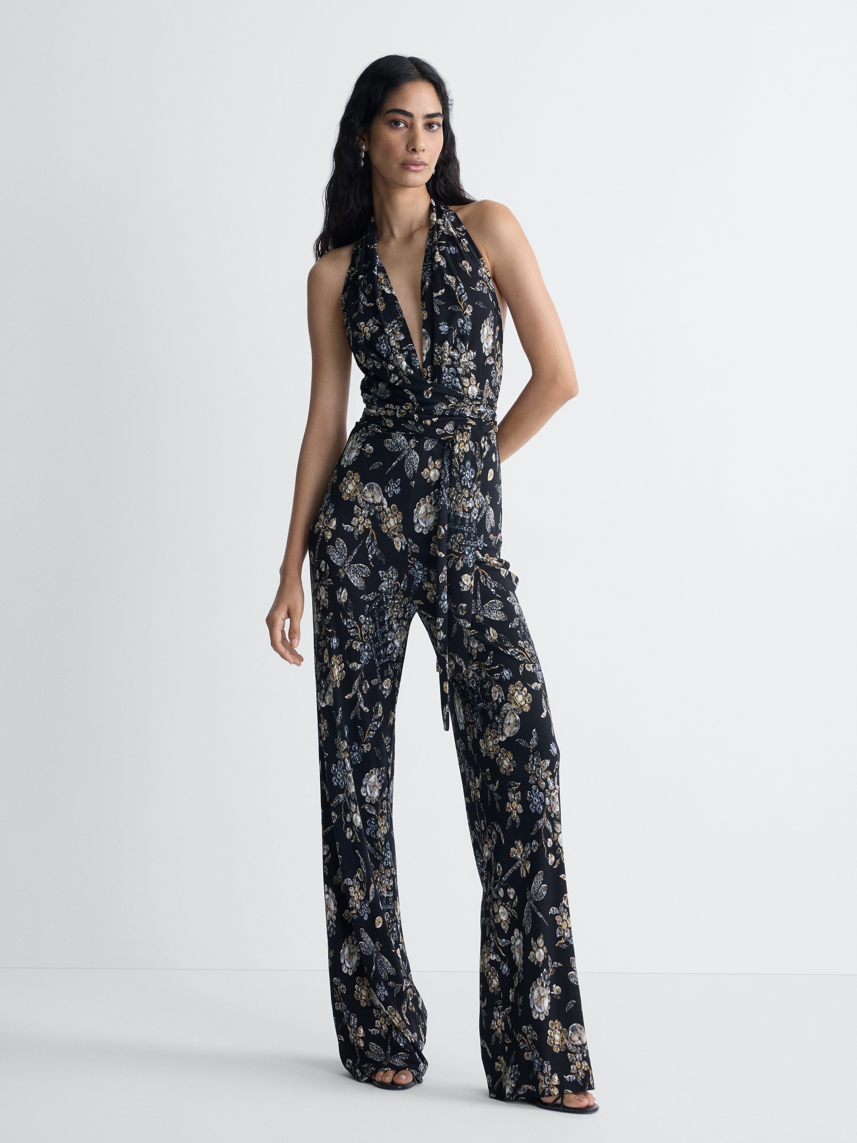 Delia Jersey Jumpsuit in Black Crystal, full length front view