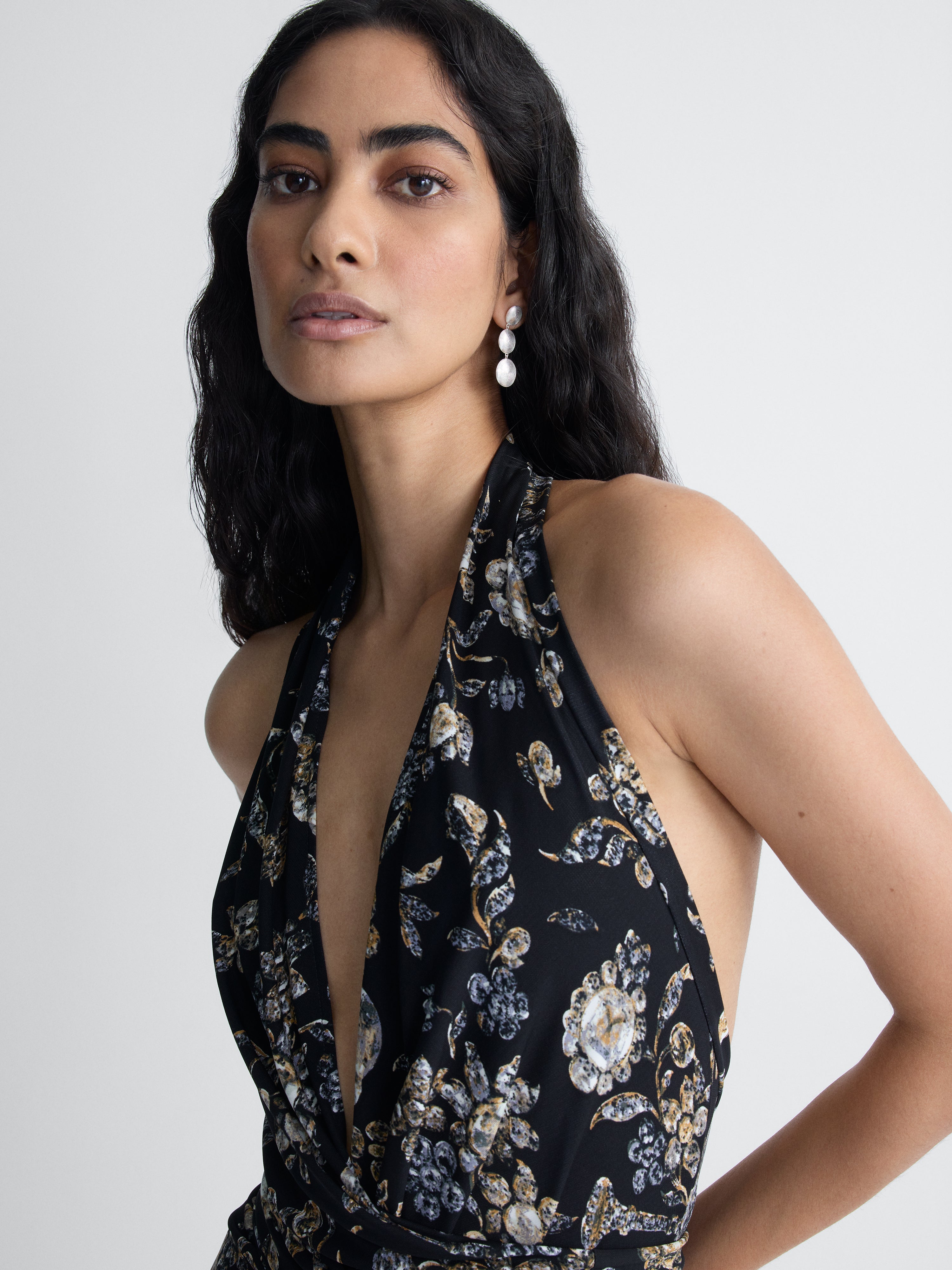 Delia Jersey Jumpsuit in Black Crystal, close-up