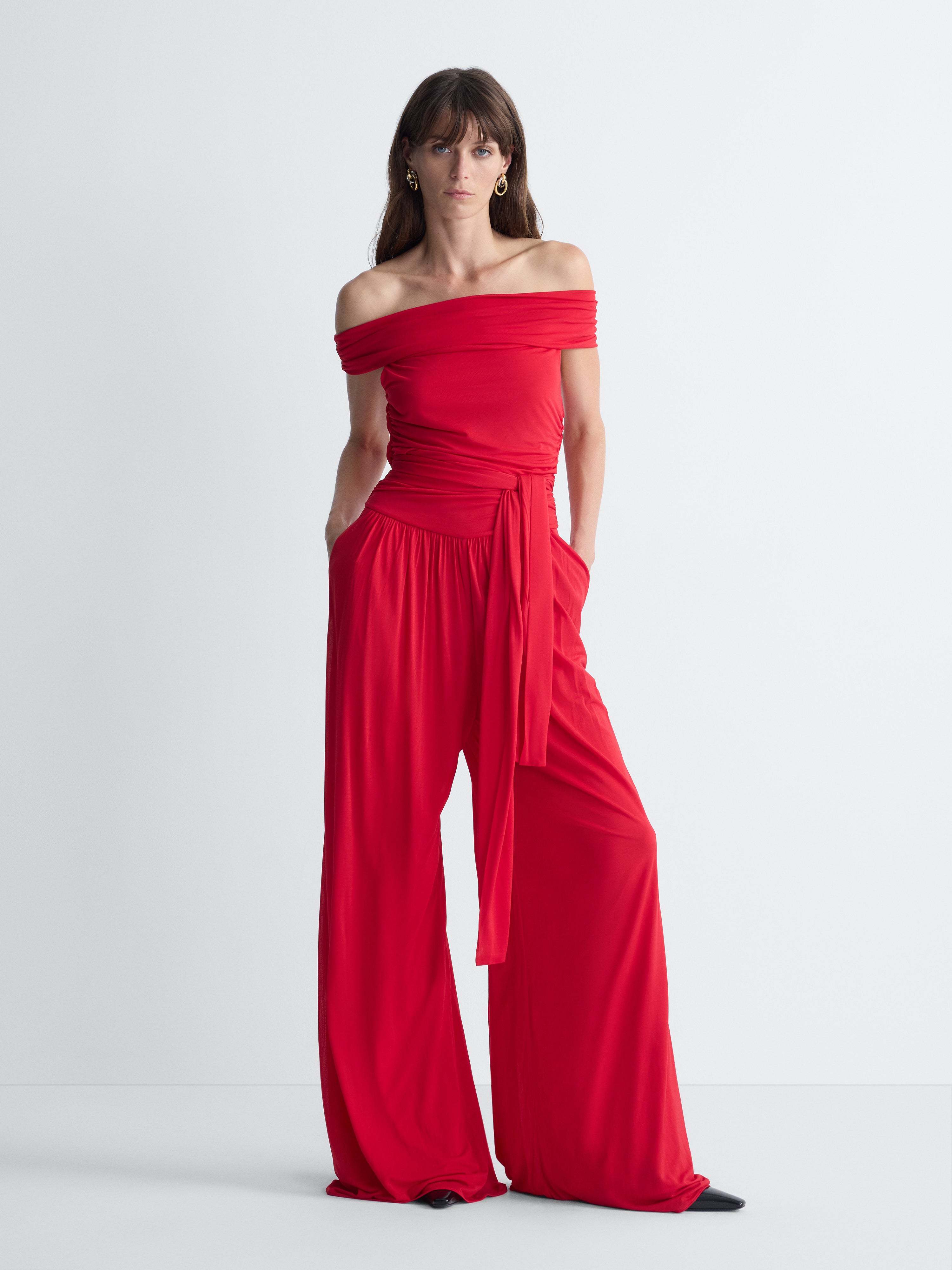 Colette Jersey Jumpsuit in Scarlet Red, full length front view