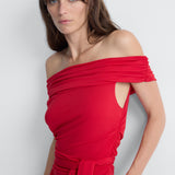 Colette Jersey Jumpsuit in Scarlet Red, close-up