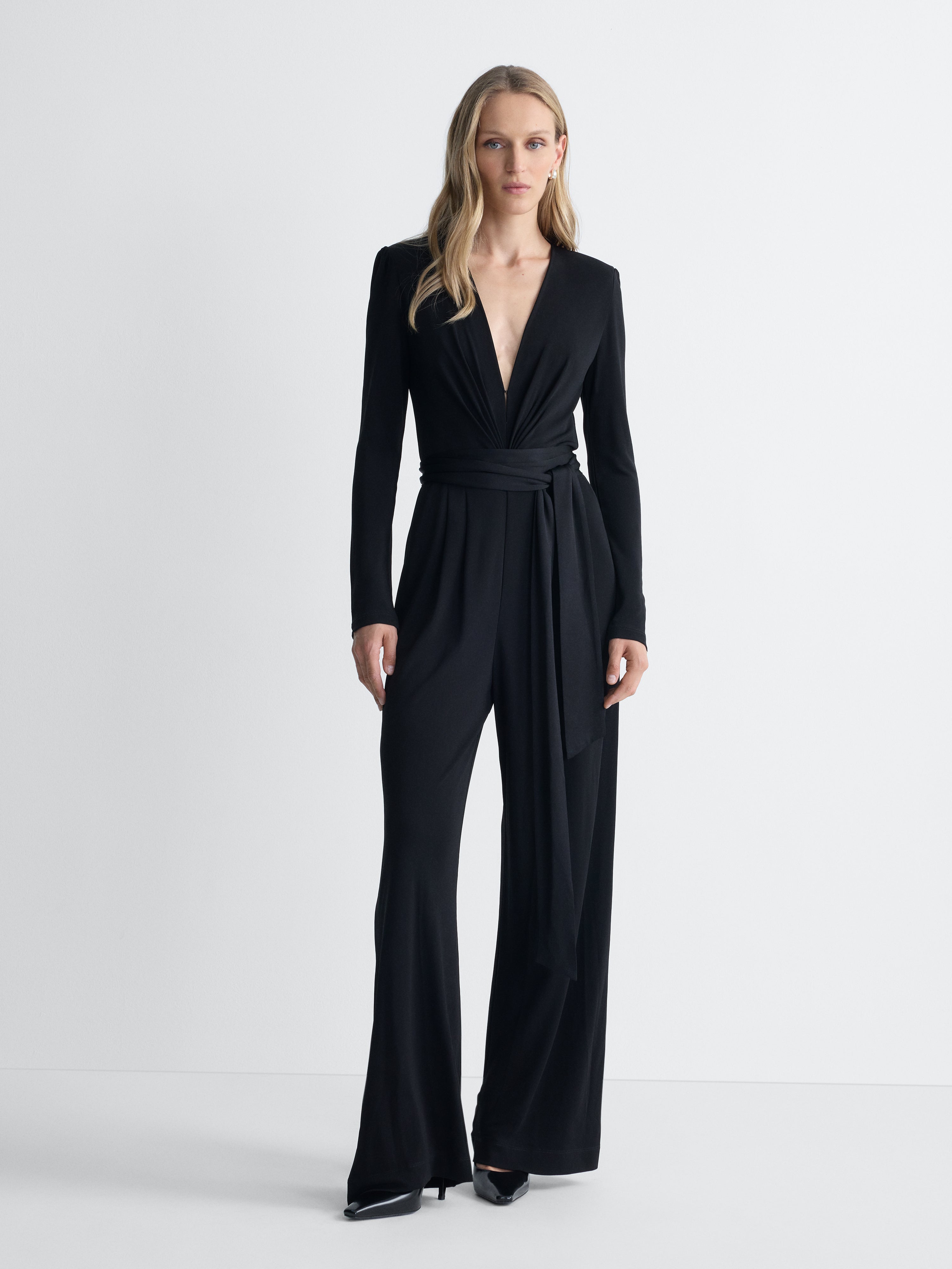Avoria Jersey Jumpsuit in Black, full length front view